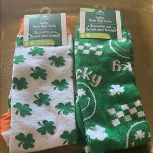 #1352=Green and White Shamrock Knee High Socks